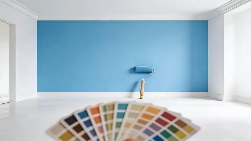 Paint roller on blue wall with color swatches for choosing the right paint finish