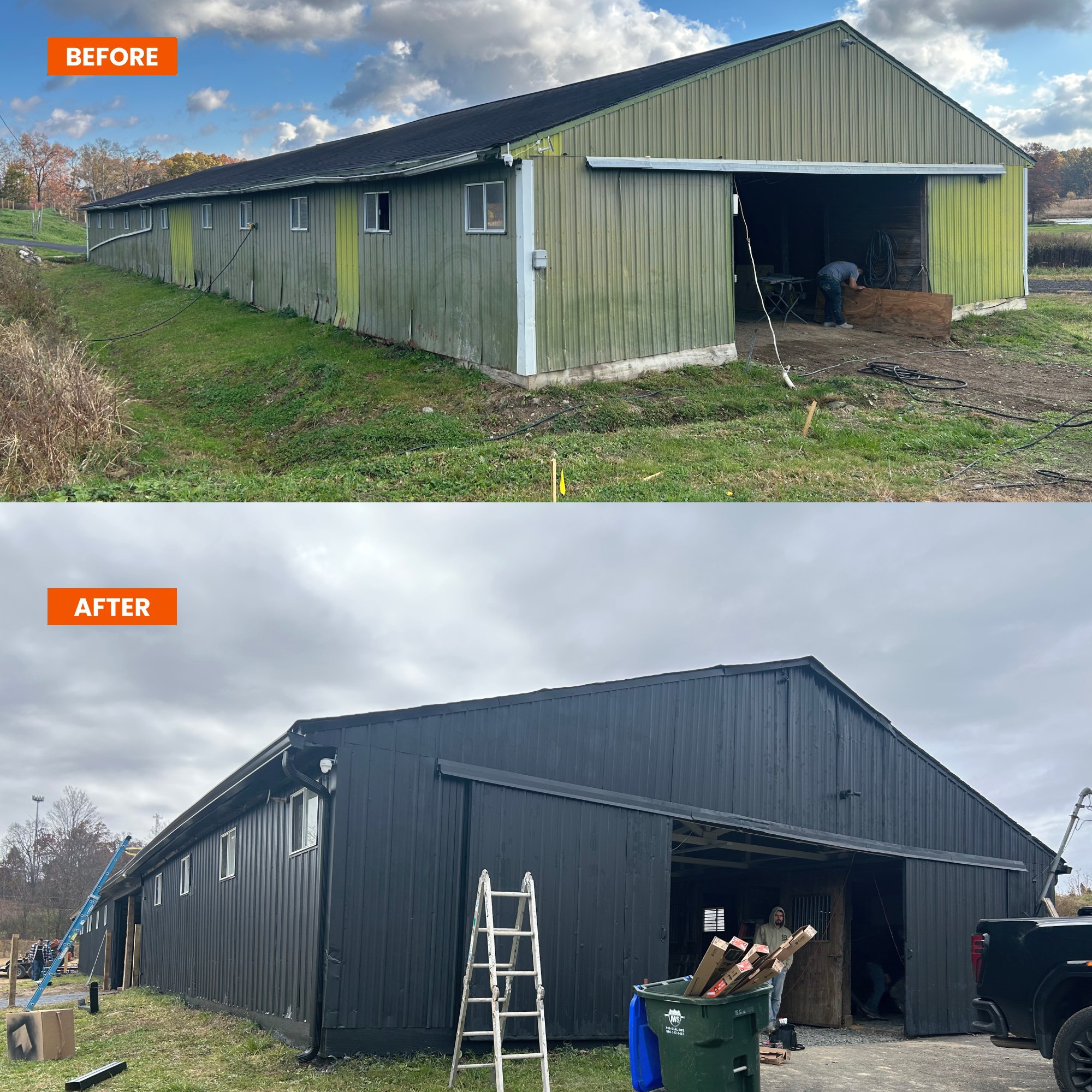 Exterior commercial barn painting before and after by Willow Tree Painting & Home Improvement