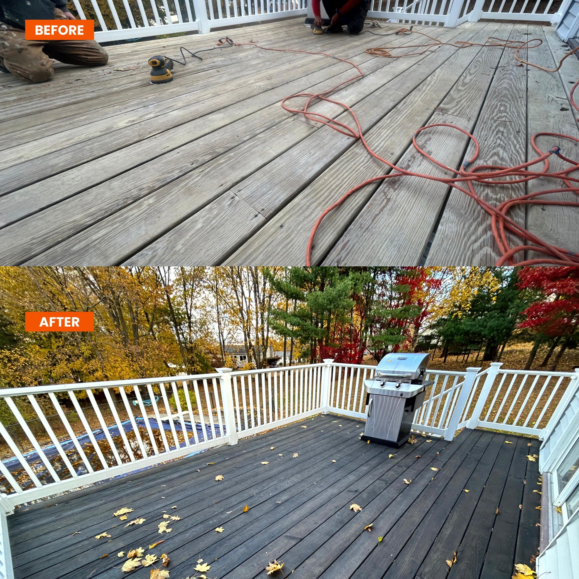 Before and after of a faded wooden deck transformed with dark staining by Willow Tree Painting & Home Improvement