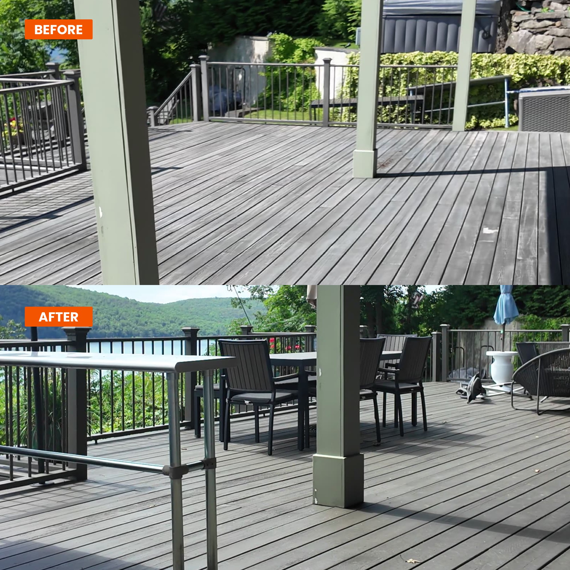 Before-and-after image of a weathered grey wooden deck overlooking a wooded landscape and water, showing the addition of outdoor furniture and a metal railing/table.
