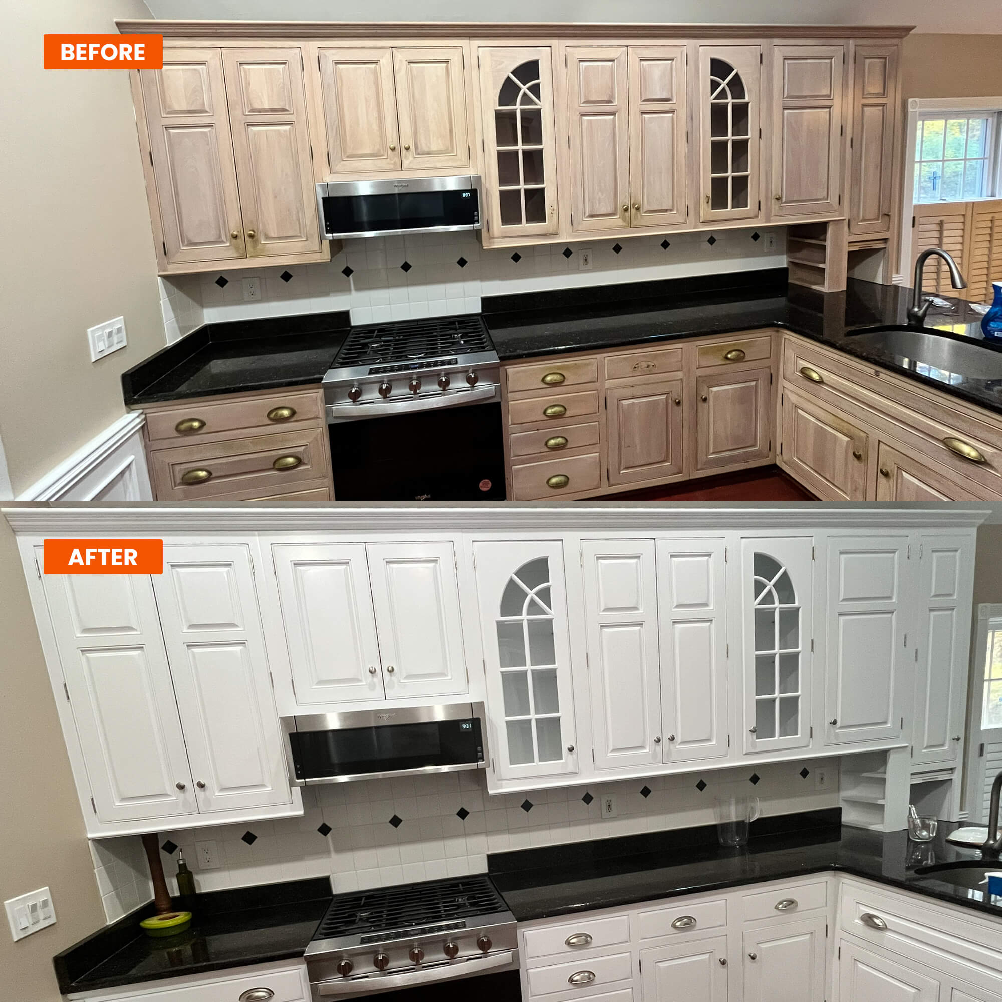 Before and after cabinet refinishing by Willow Tree Painting & Home Improvement in Warwick, NY, transforming dated wood cabinets to modern white.
