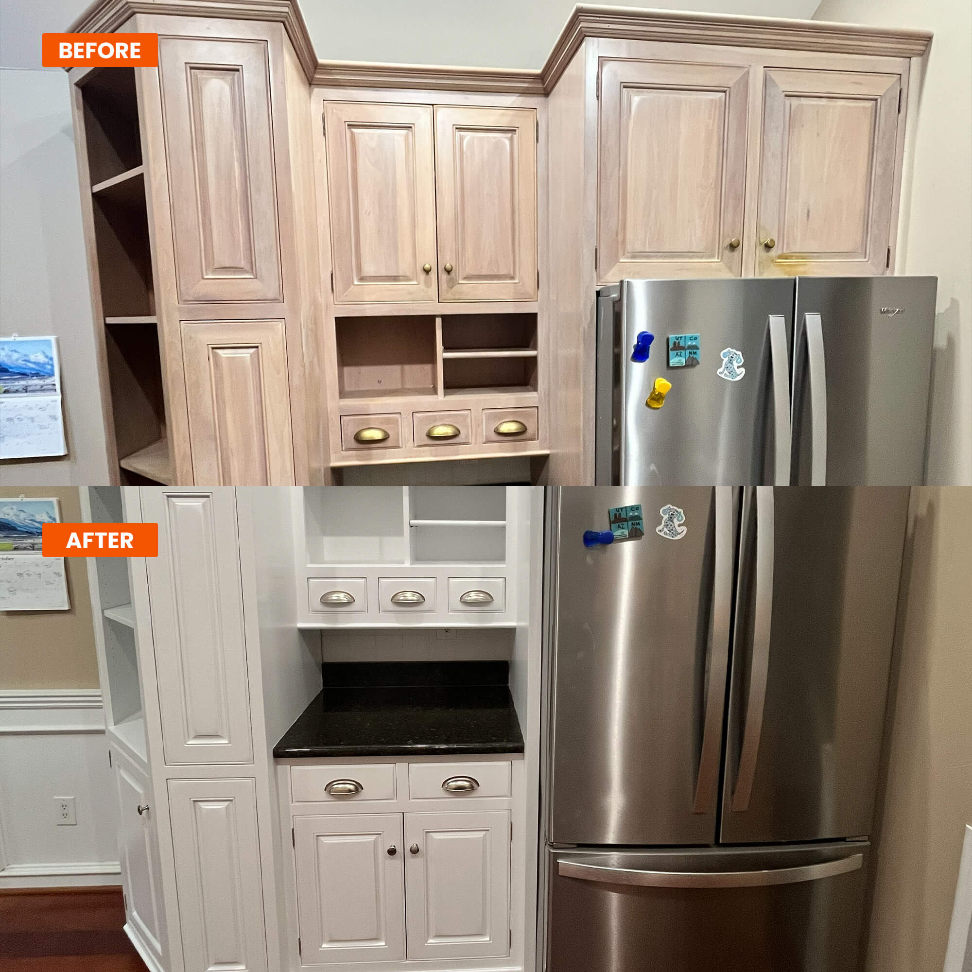 Before and after custom pantry cabinet refinishing by Willow Tree Painting & Home Improvement in Warwick, NY, converting dated wood to a stunning white finish.