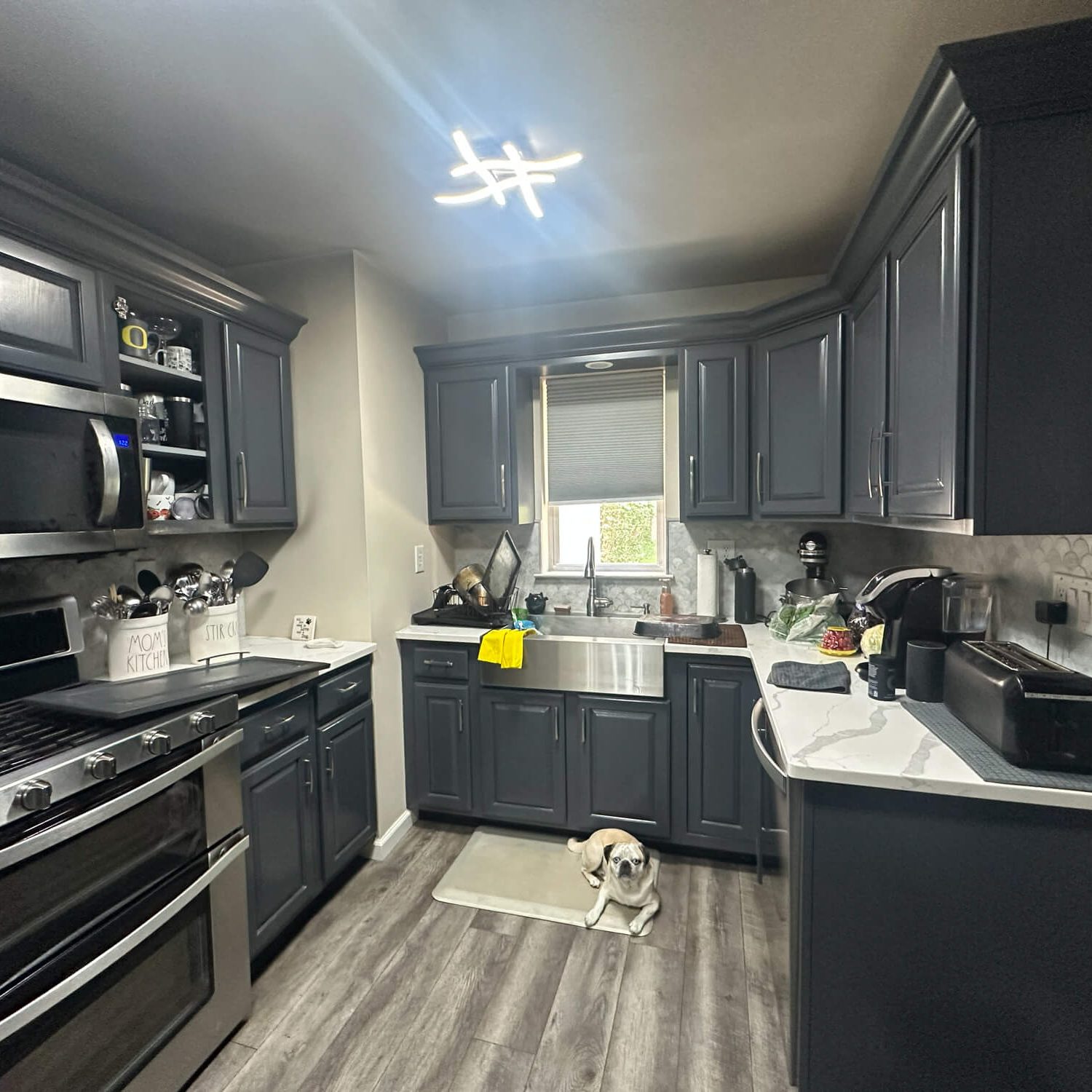Freshly painted modern kitchen with dark refinished cabinets completed showcasing smooth finishes and detailed craftsmanship.”